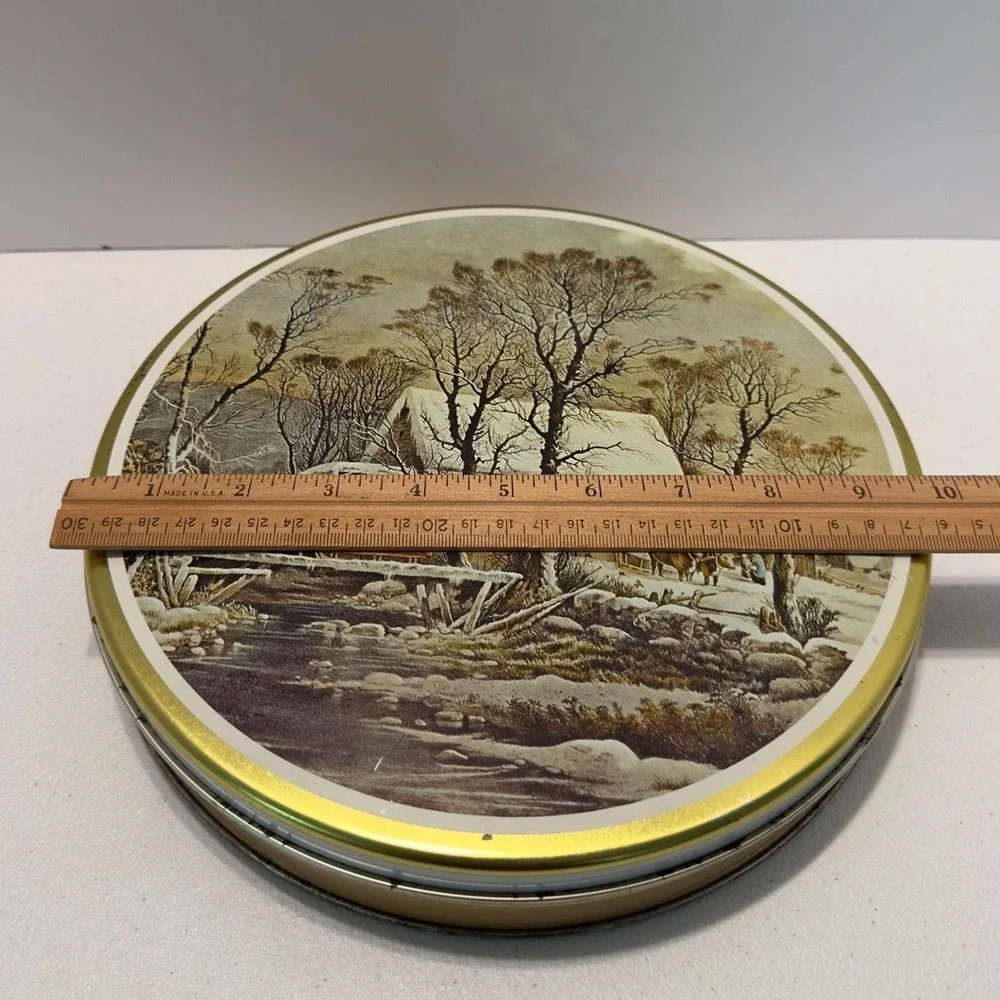 Vintage Winter Landscape Round Metal Cookie Tin‎ Horse Sleigh Old Mill 10 Inch